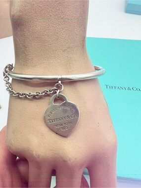 🔴RARE Authentic Tiffany&Co DOUBLE Sided RTT Heart Tag Chain Bangle/ Bracelet 🔴